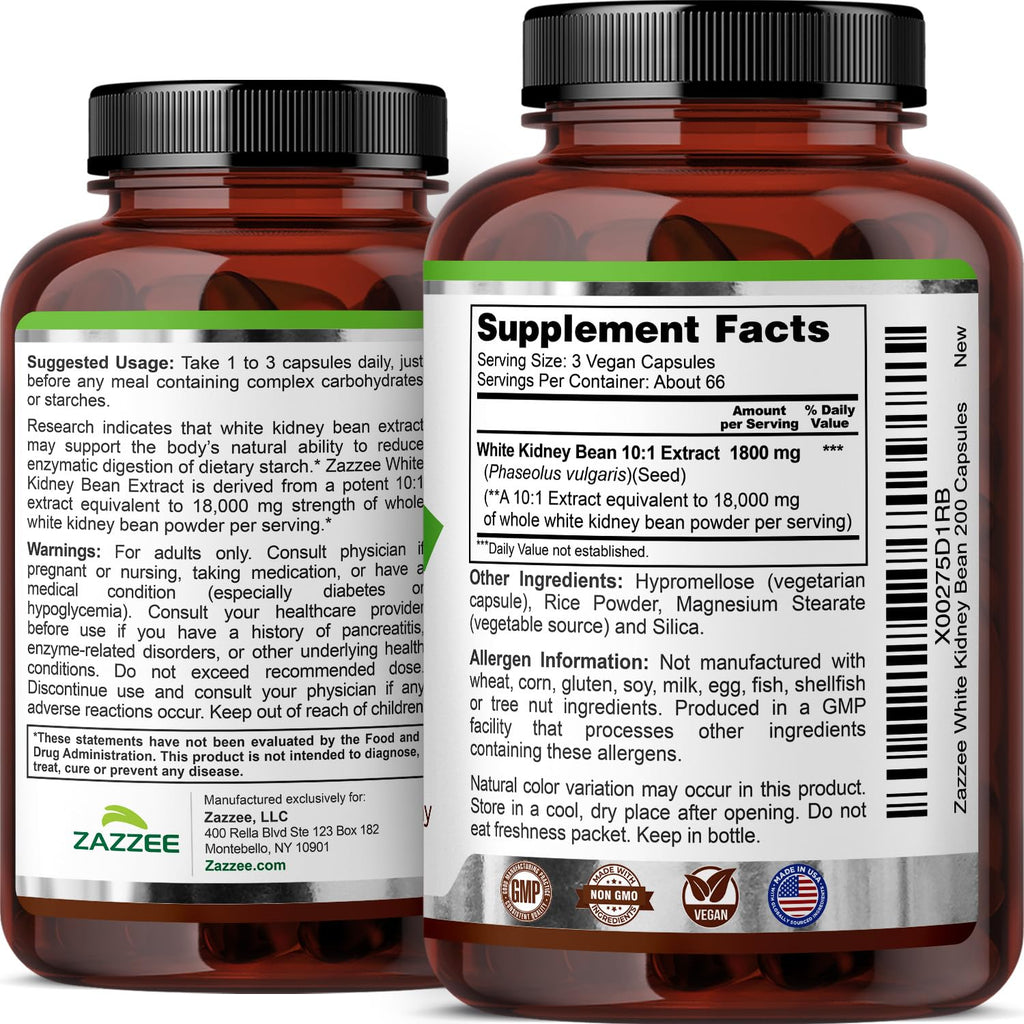 Zazzee White Kidney Bean 10:1 Extract 1800 mg - 200 Capsules - image 7