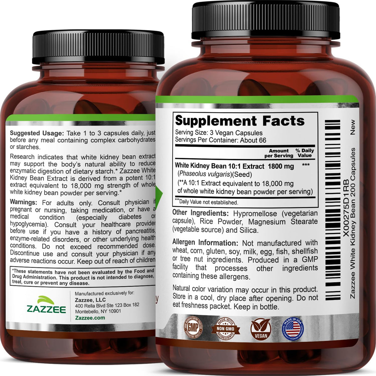 Zazzee White Kidney Bean 10:1 Extract 1800 mg - 200 Capsules - image 7