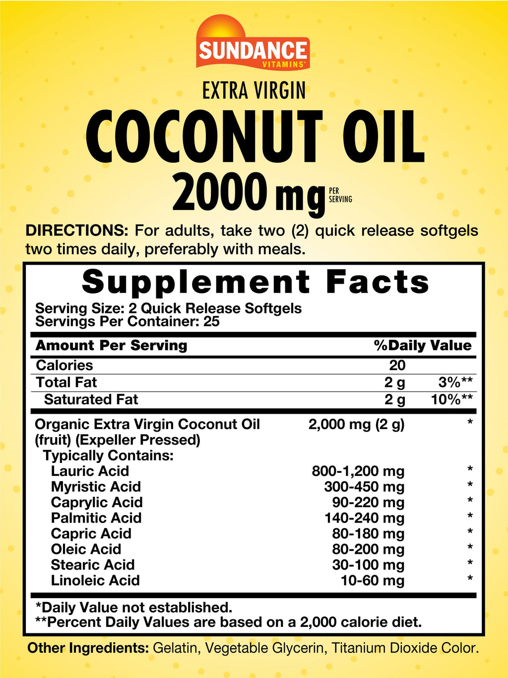 Sundance Extra Virgin Coconut Oil Softgels 2000mg - 50 Softgels - image 2