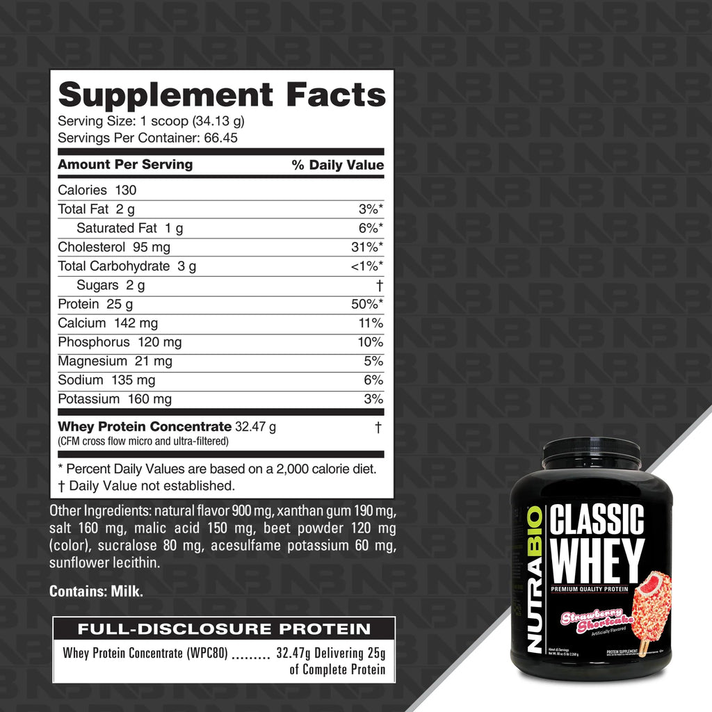 NutraBio Classic Whey Protein Powder Supplement - 25g of Protein Per
