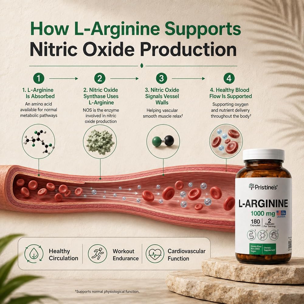 PRISTINE'S L-Arginine 1000mg Capsules for Blood Flow Support - 180 Capsules - image 4