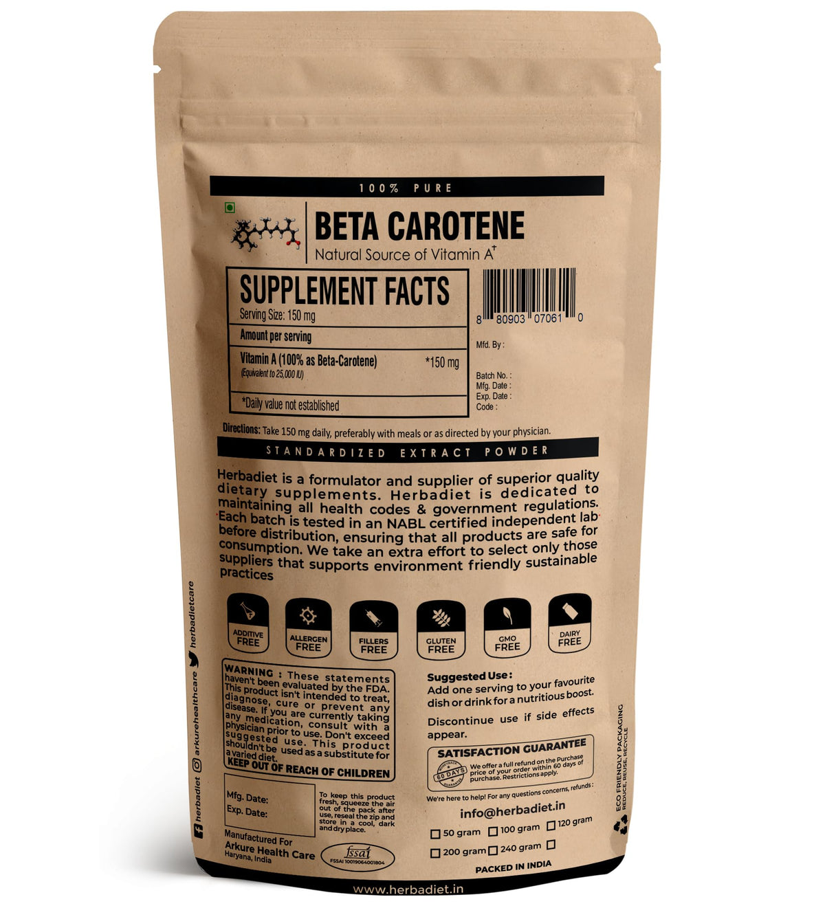 Herbadiet Beta Carotene 25000 IU Vitamin A Powder - 50g - image 2