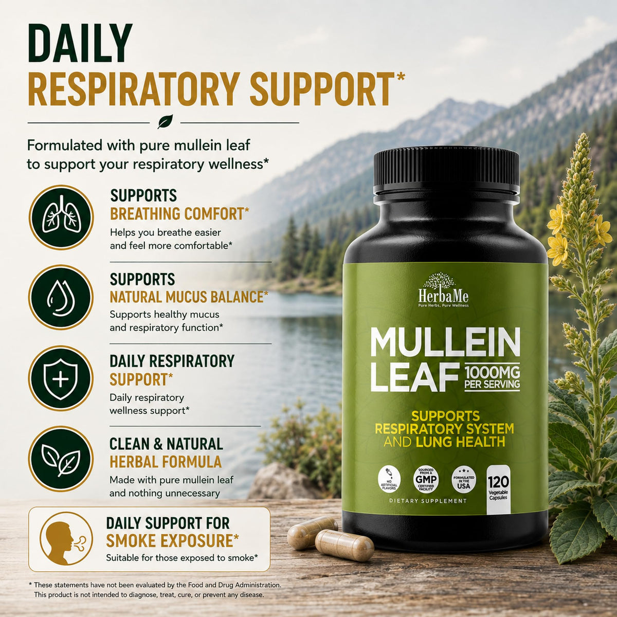 HerbaMe Mullein Leaf 1000mg Lung Support - 120 Capsules - image 4