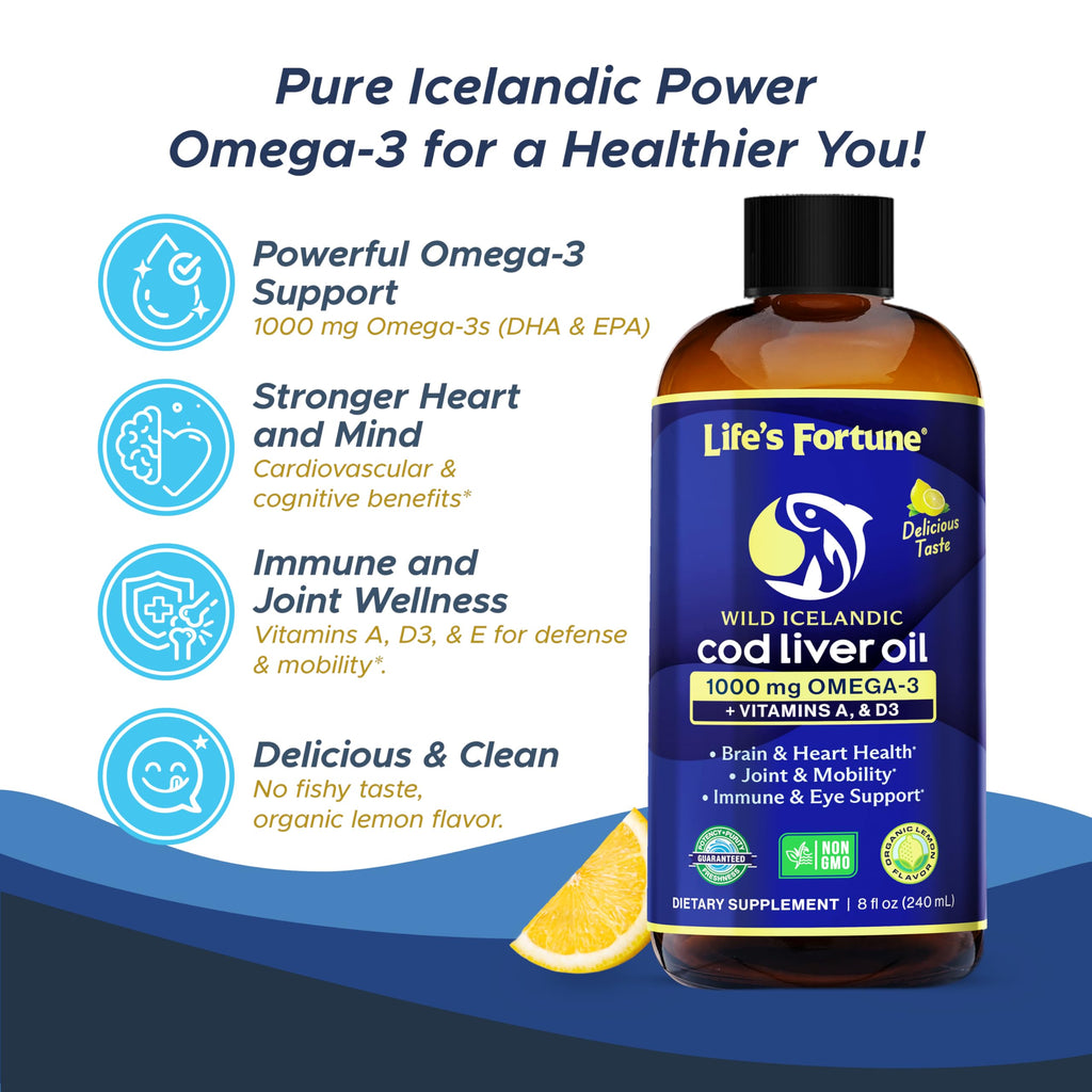 Life's Fortune Cod Liver Oil Liquid Lemon Flavor Organic Supplement