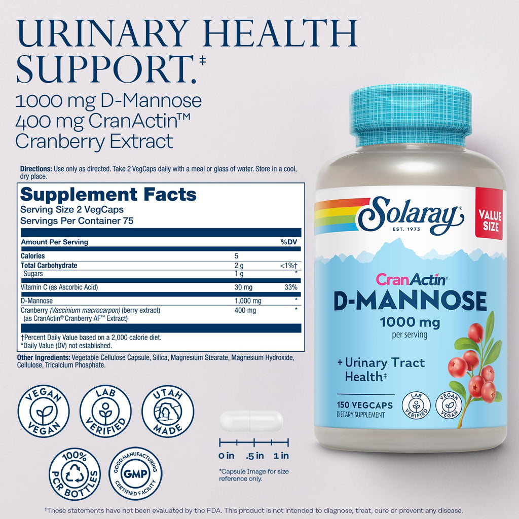 SOLARAY D-Mannose with CranActin Cranberry Supplement - 150 Capsules - image 2