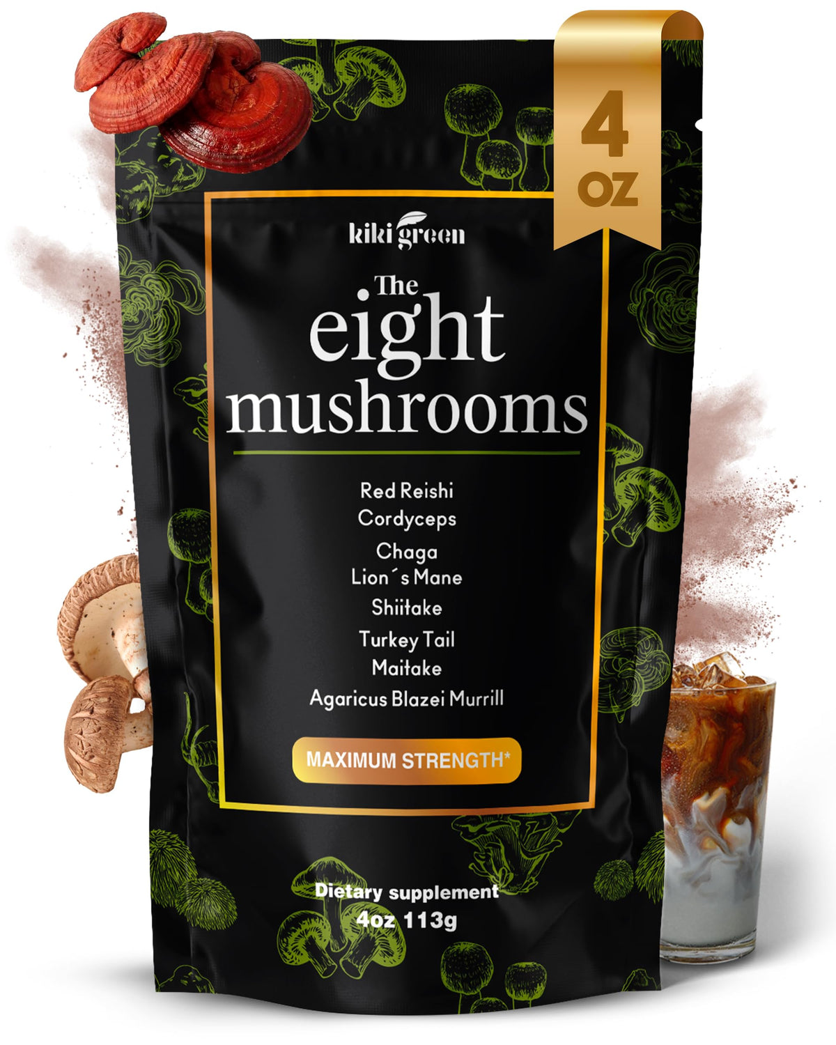 KIKI Green Mushroom Powder Extract - The 8 Mushrooms Supplement Blend