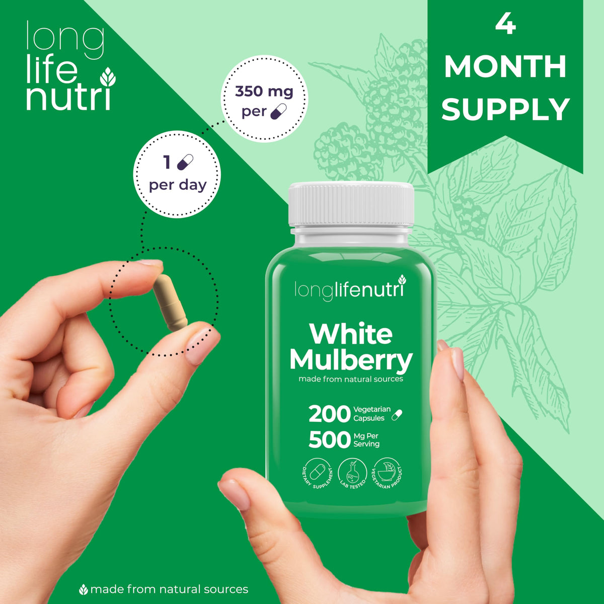 LongLifeNutri White Mulberry Leaf Extract 500mg - 200 Vegetarian Capsules - image 5