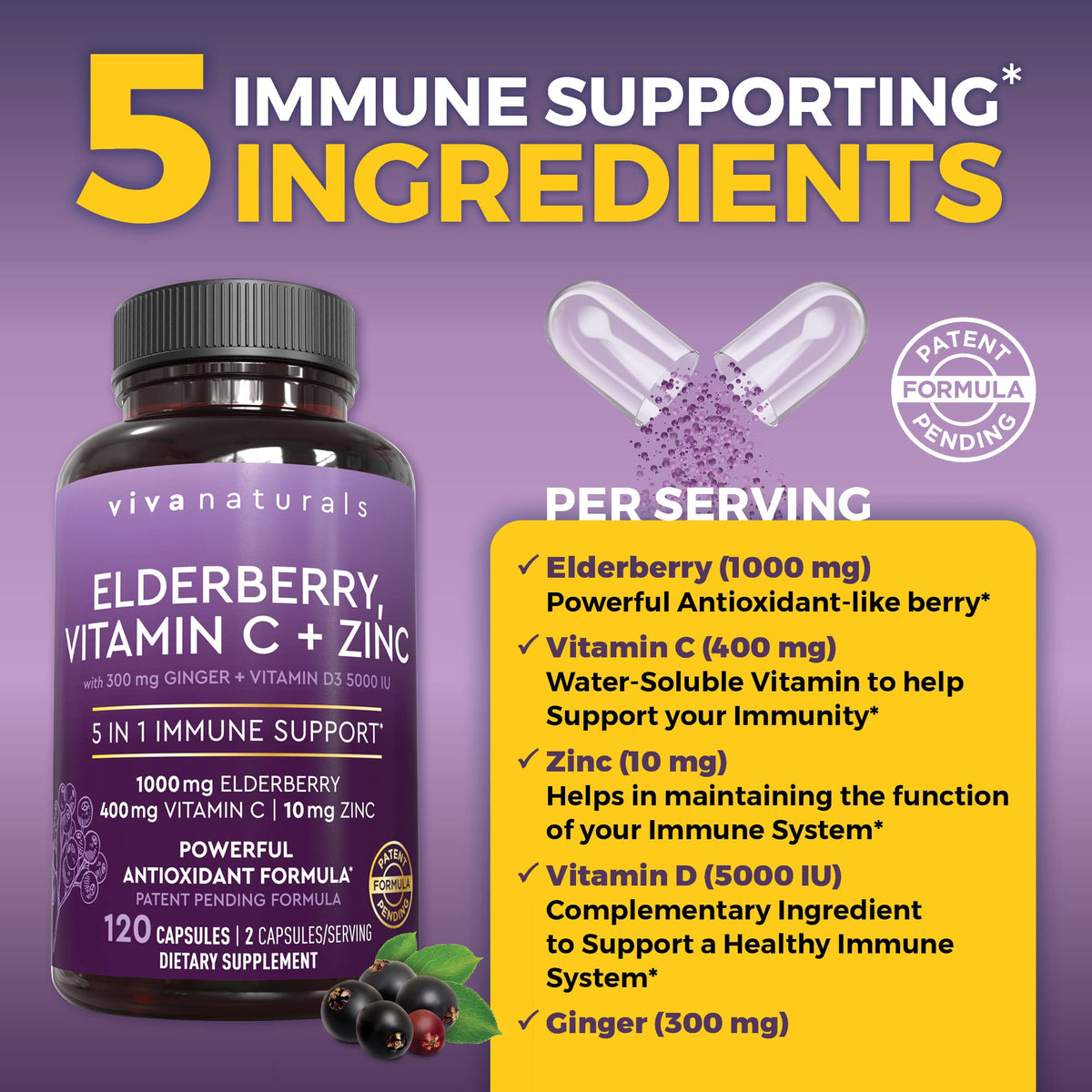 Viva Naturals Elderberry with Vitamin C and Zinc for Adults - 5 in 1