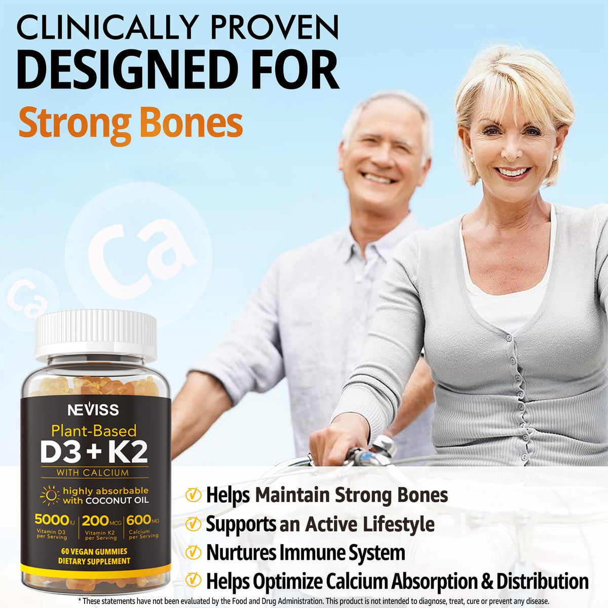 NEVISS Vitamin D3 K2 Gummies with Calcium - Vegan D3 5000 IU + K2