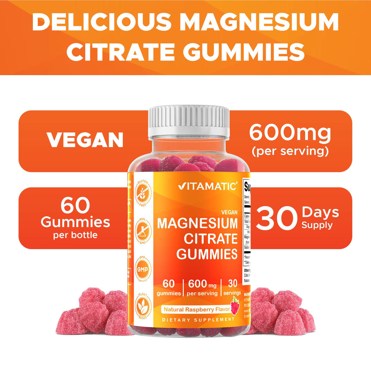 Vitamatic Magnesium Citrate Gummies 600mg per Serving - 60 Vegan
