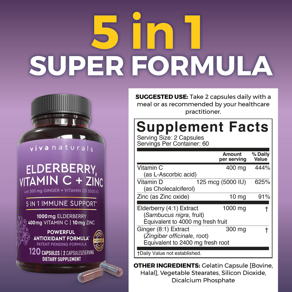 Viva Naturals Elderberry with Vitamin C and Zinc for Adults - 5 in 1