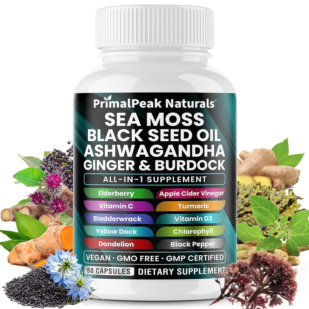 PrimalPeak Naturals Sea Moss Black Seed Oil Ashwagandha Ginger