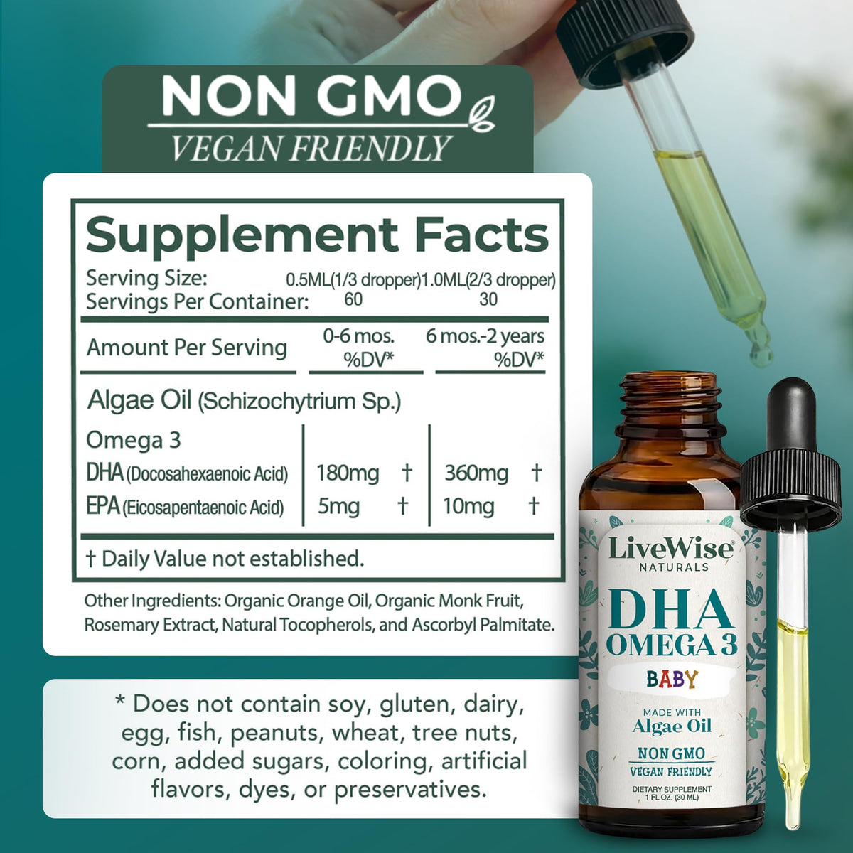Live Wise Naturals Omega 3 DHA Baby Drops Vegan Liquid - 60 Servings - image 2