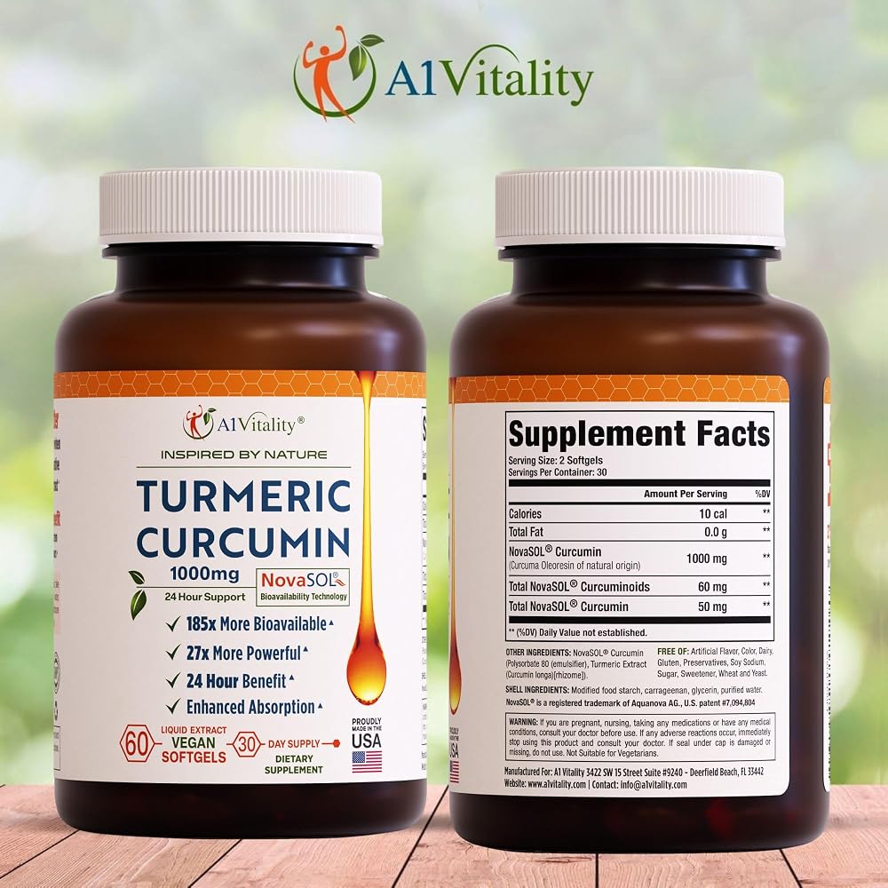 A1Vitality Vegan Turmeric Curcumin NovaSOL 1000mg - 60 Softgels - image 2
