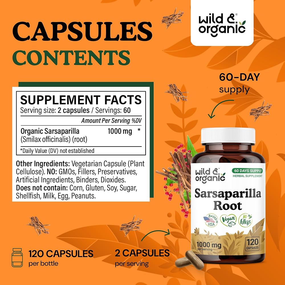 Wild & Organic Sarsaparilla Root 1000mg Capsules - Skin & Detox