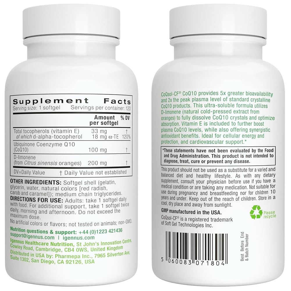 Igennus Advanced CoQSol CoQ10 100mg High Absorption - 120 Softgels - image 6