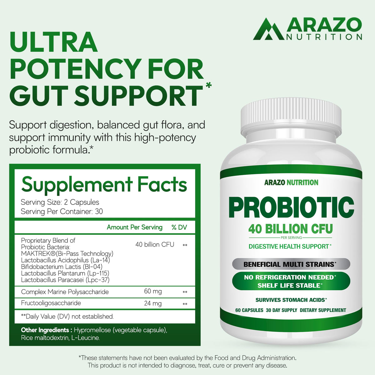 Arazo Nutrition Probiotic 40 Billion CFU - 60 Capsules - image 2