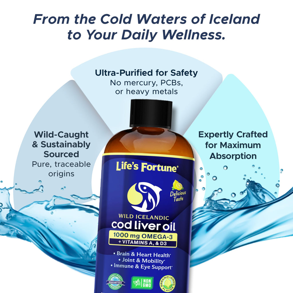 Life's Fortune Cod Liver Oil Liquid Lemon Flavor Organic Supplement