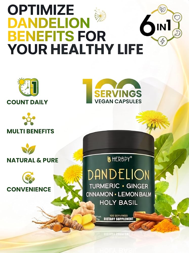 Herbpy 6in1 Dandelion Root Supplement for Digestion - 100 Capsules - image 4
