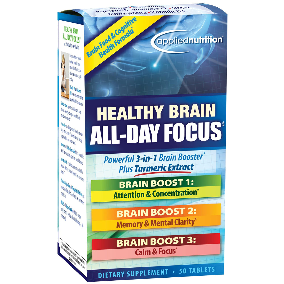 Applied Nutrition Healthy Brain All-Day Focus Cognitive Support - 50 Tablets