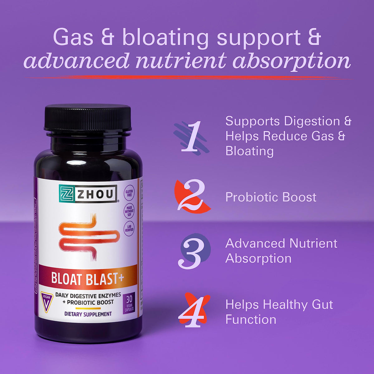Zhou Nutrition Bloat Blast+ Digestive Enzymes - 30 Veggie Capsules - image 2