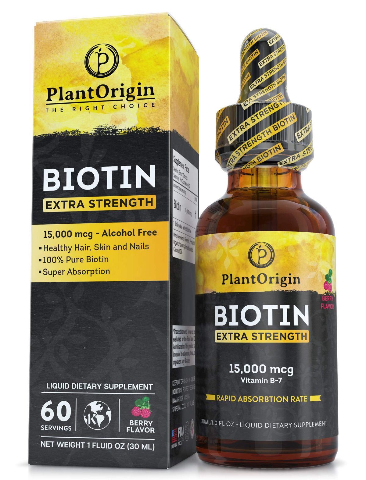 PLANTORIGIN Liquid Biotin 15,000 MCG Hair, Skin & Nails Support - 60 Servings