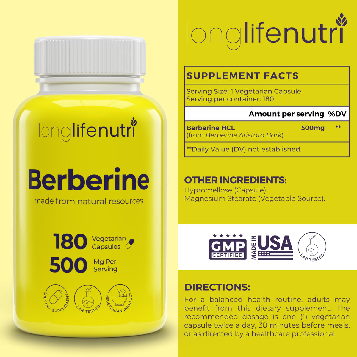 LongLifeNutri Berberine 500mg HCL Extract - 180 Vegetarian Capsules - image 2