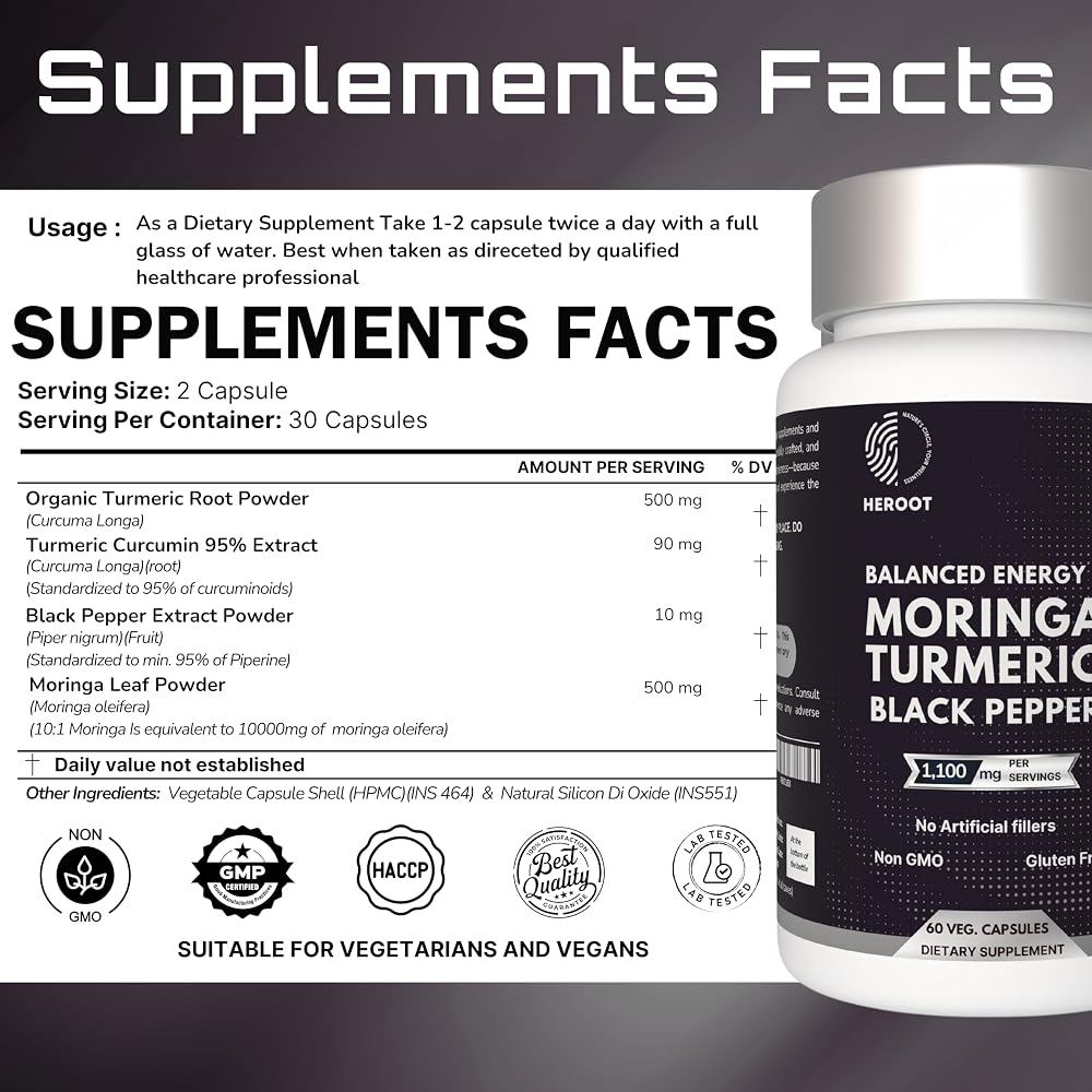 Heroot Organic Turmeric with Black Pepper & Moringa 1000 mg - 60 Capsules - image 6