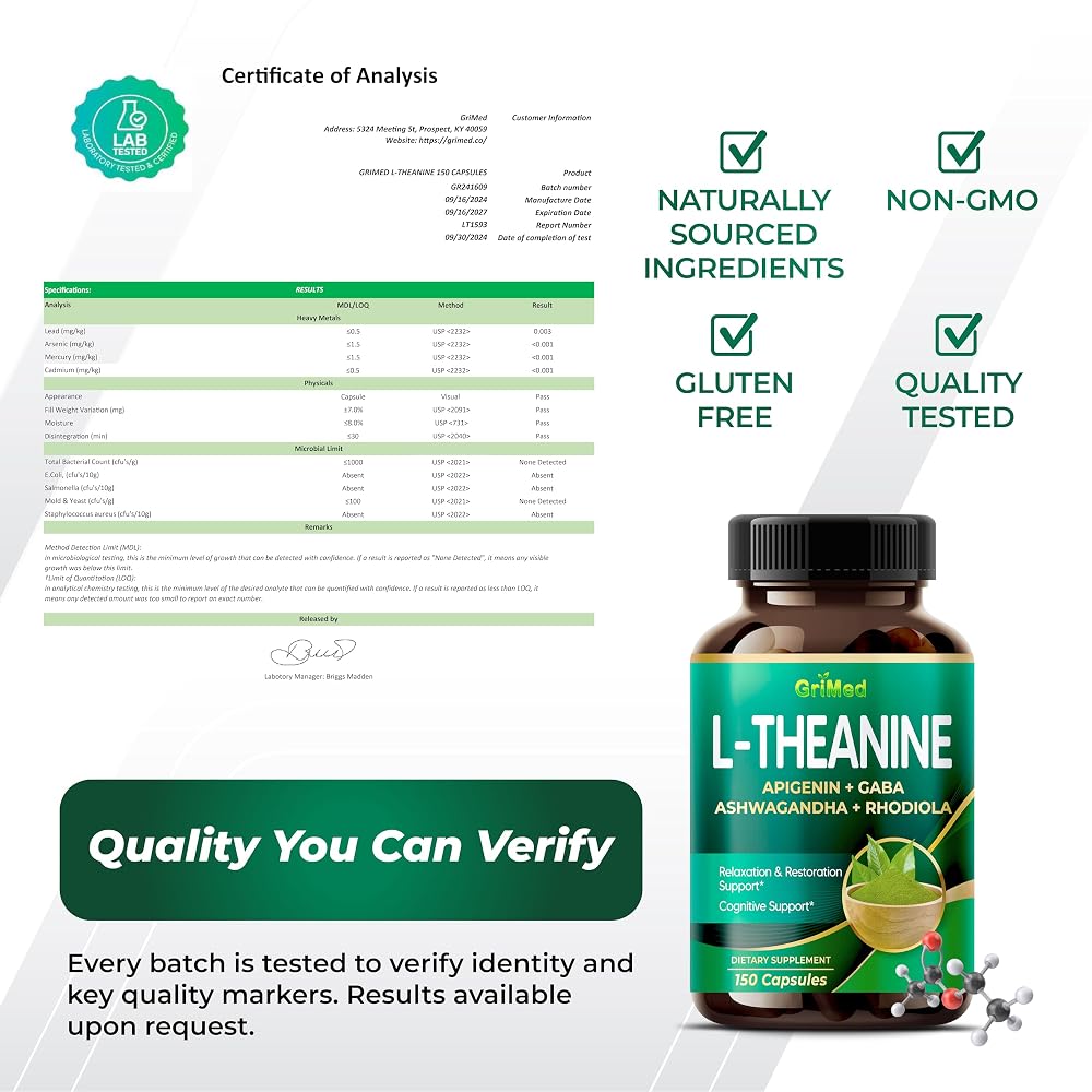 GriMed L-Theanine 1485 mg with Apigenin, GABA & Ashwagandha - 150 Capsules - image 8