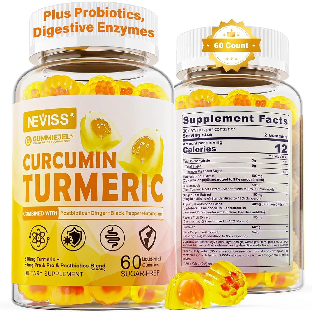 NEVISS Sugar Free Turmeric Curcumin Filled Gummies 550mg for Adults