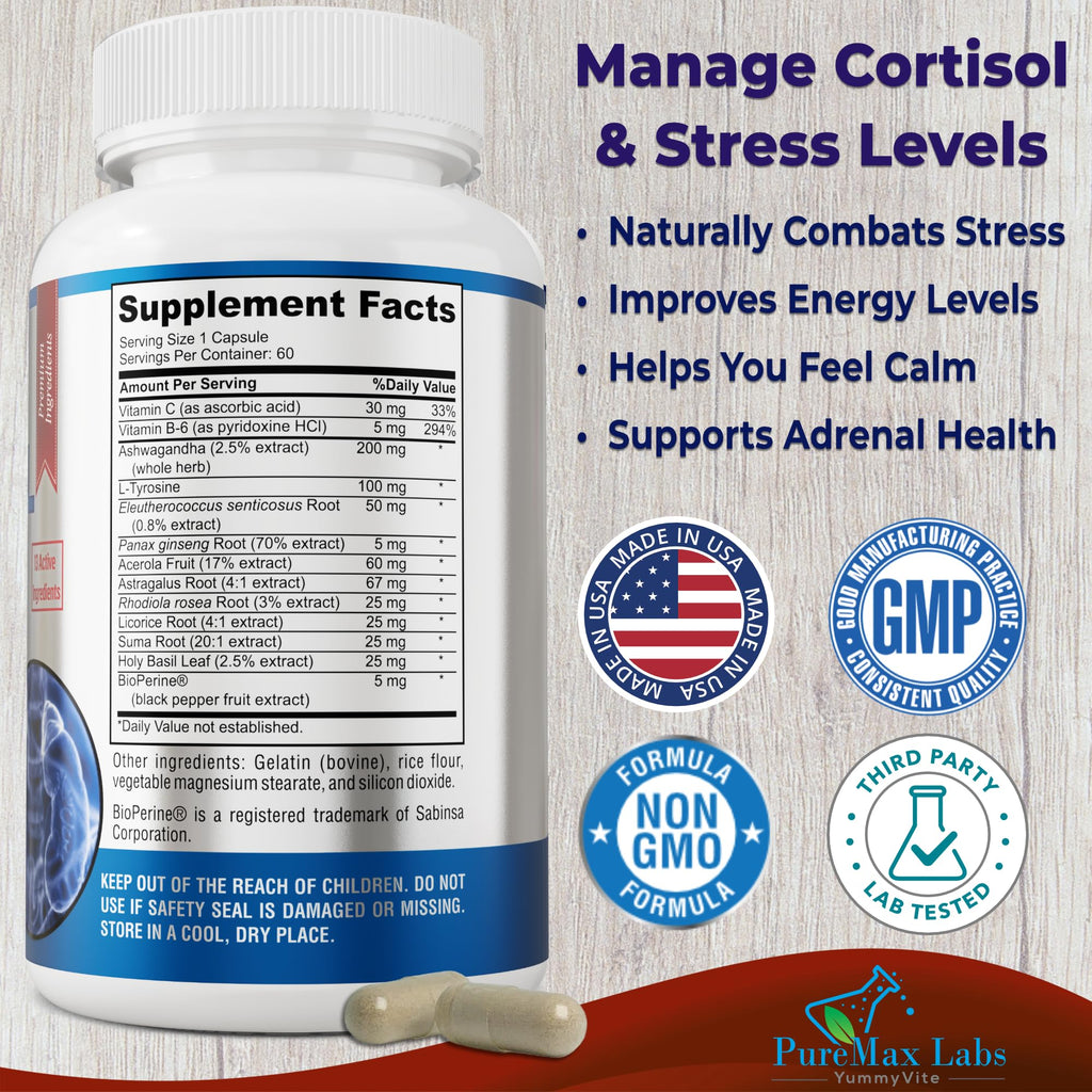 YUMMYVITE Adrenal Support Cortisol Manager Stress Relief - 60 Capsules - image 2