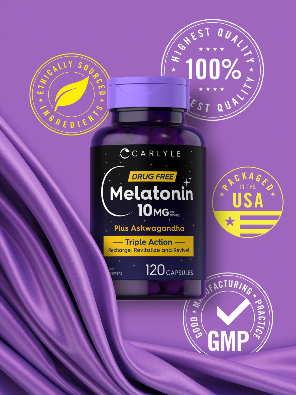 Carlyle Melatonin 10mg with Ashwagandha - 120 Capsules - image 4