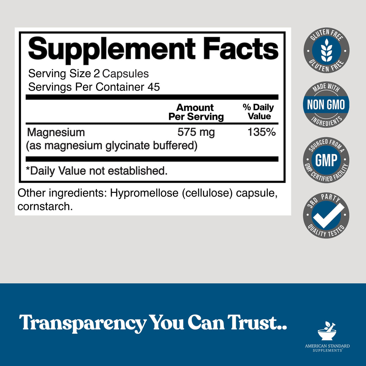 American Standard Supplements Magnesium Glycinate 575mg - 90 Vegetarian Capsules - image 2