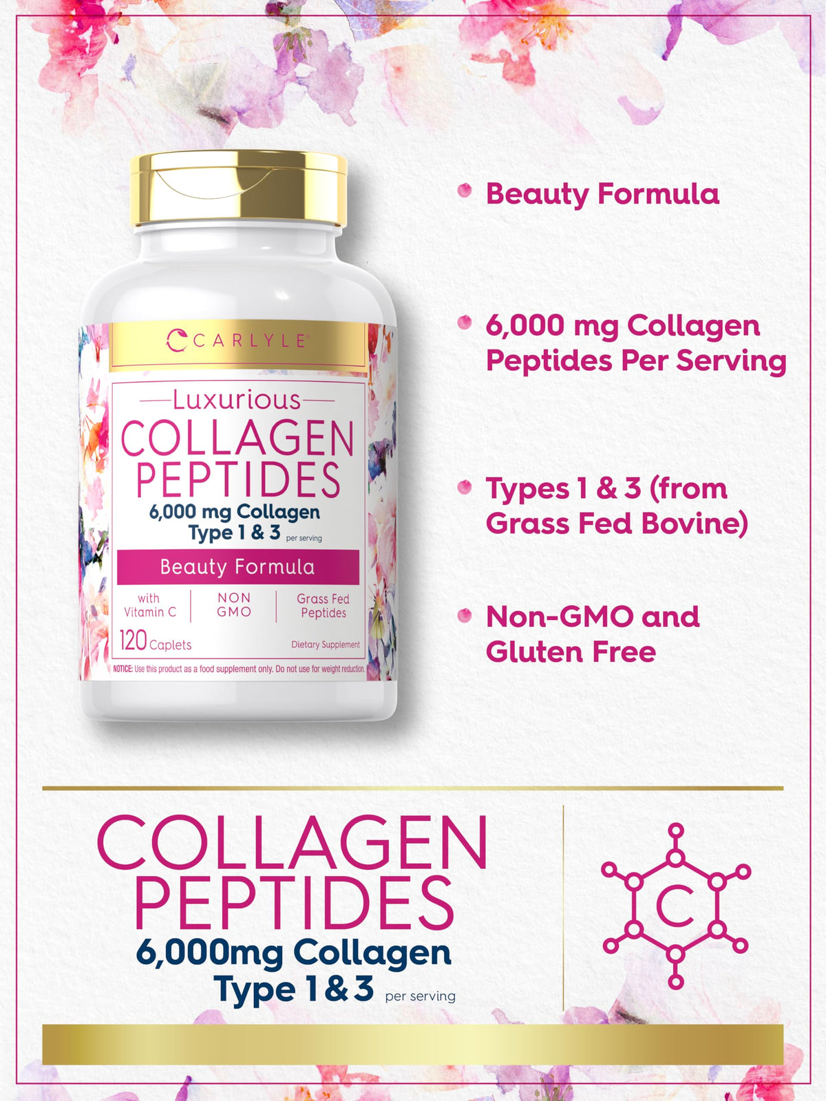 Carlyle Collagen Peptides with Vitamin C 6000mg - 120 Caplets - image 4