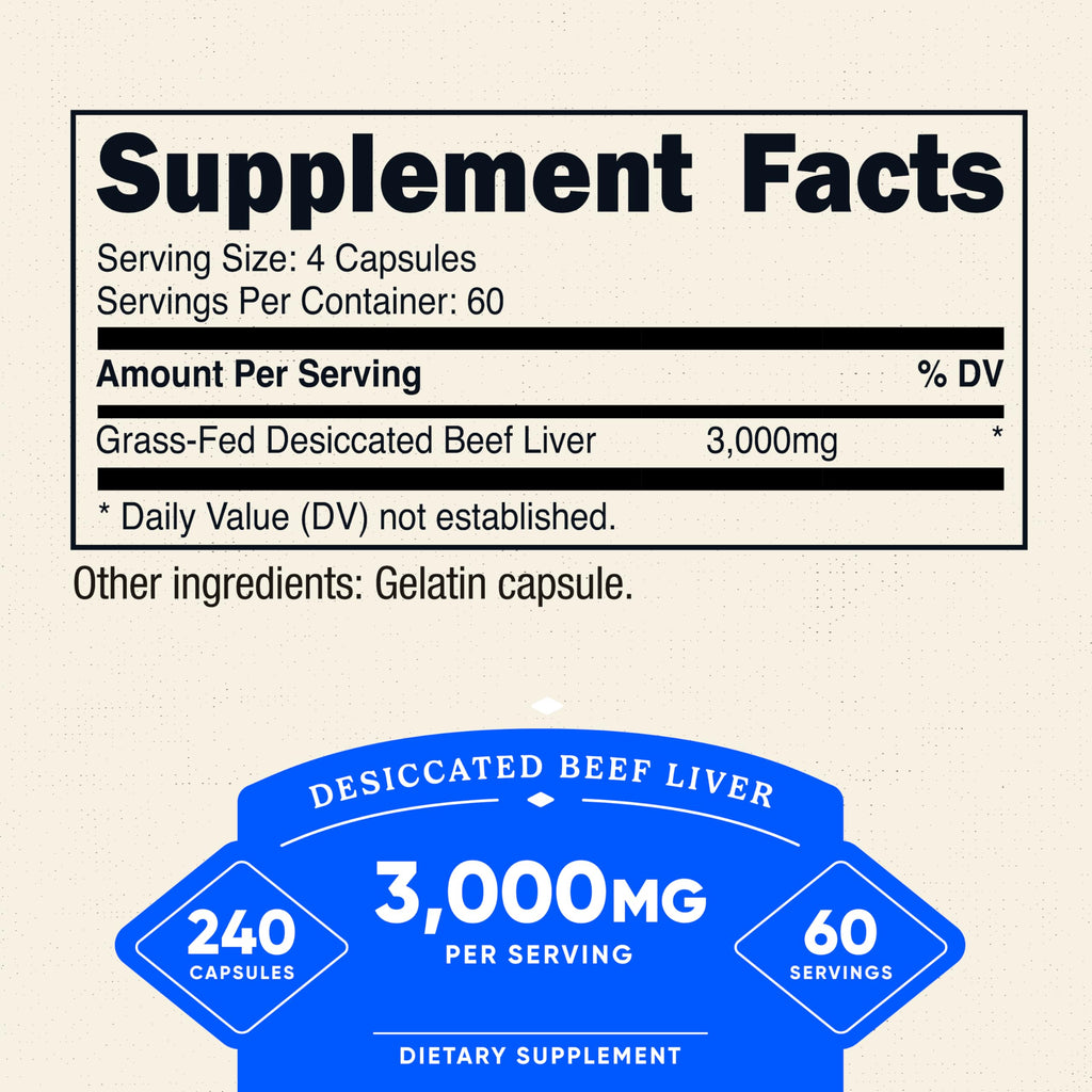 Nutricost Grass Fed Desiccated Beef Liver Capsules 3000mg (750mg Per