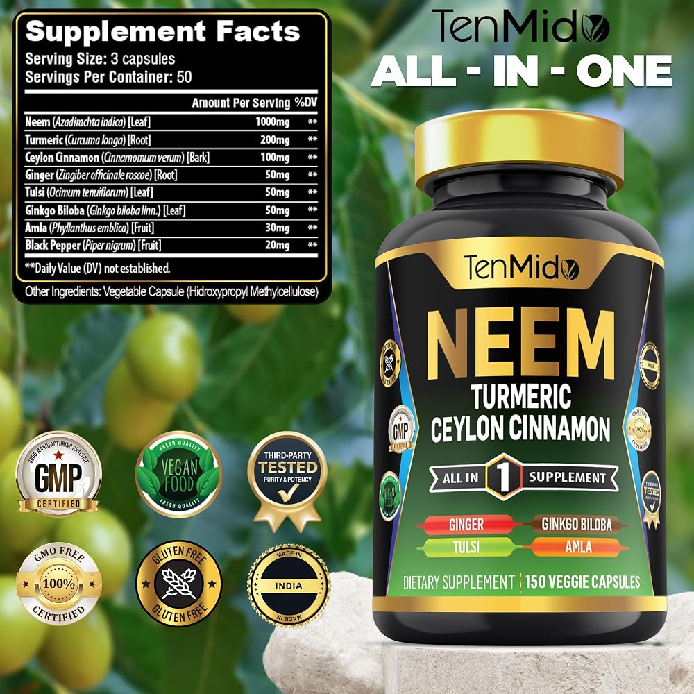 Tenmido Neem Leaf 8-in-1 Supplement Immune Health Support - 150 Capsules - image 2