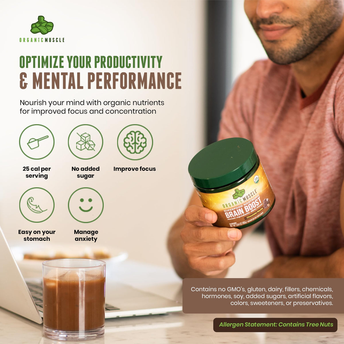 Organic Muscle Brain Boost Nootropics Powder Chocolate - 20 Servings - image 2
