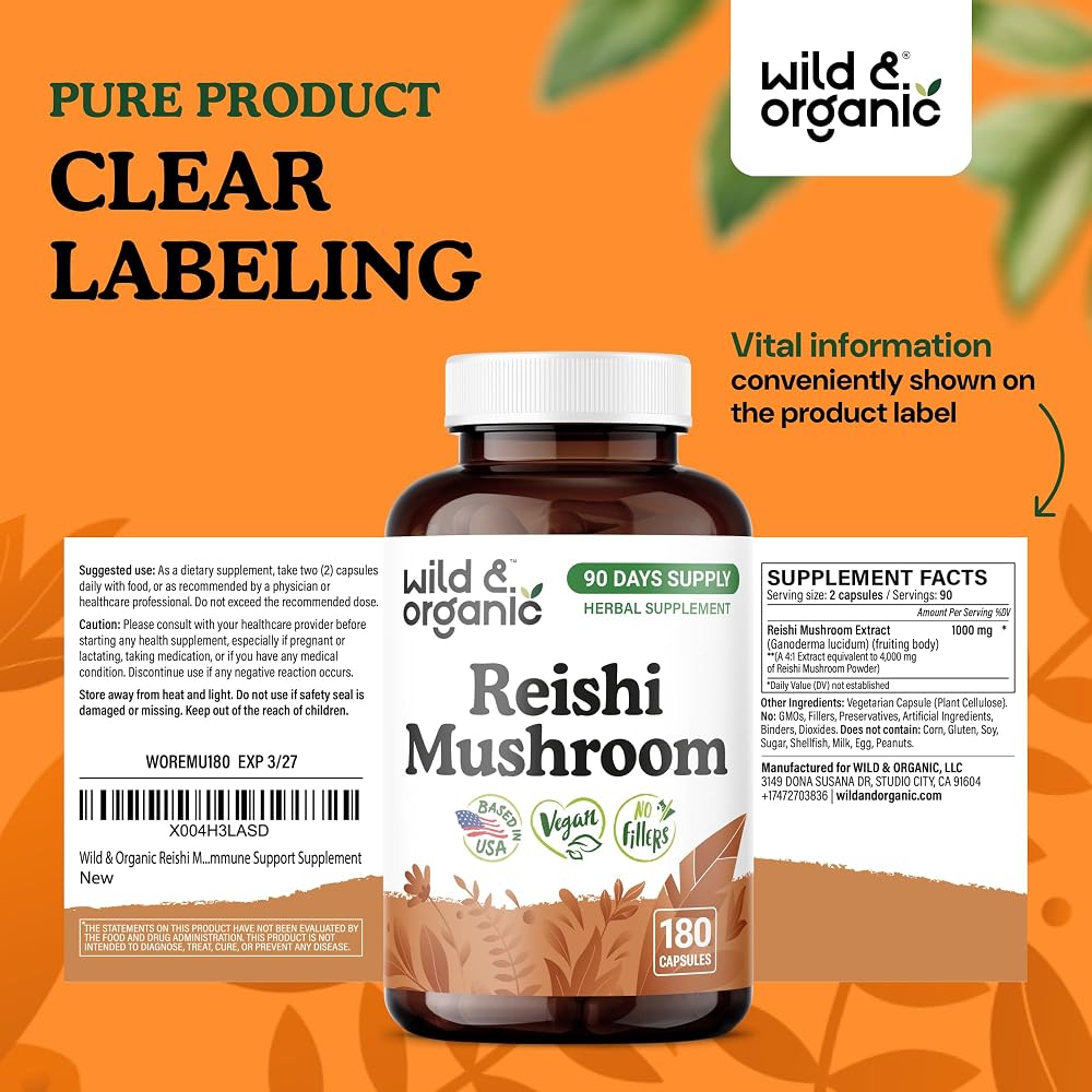 Wild & Organic Reishi Mushroom Capsules 1000mg - Immune Support