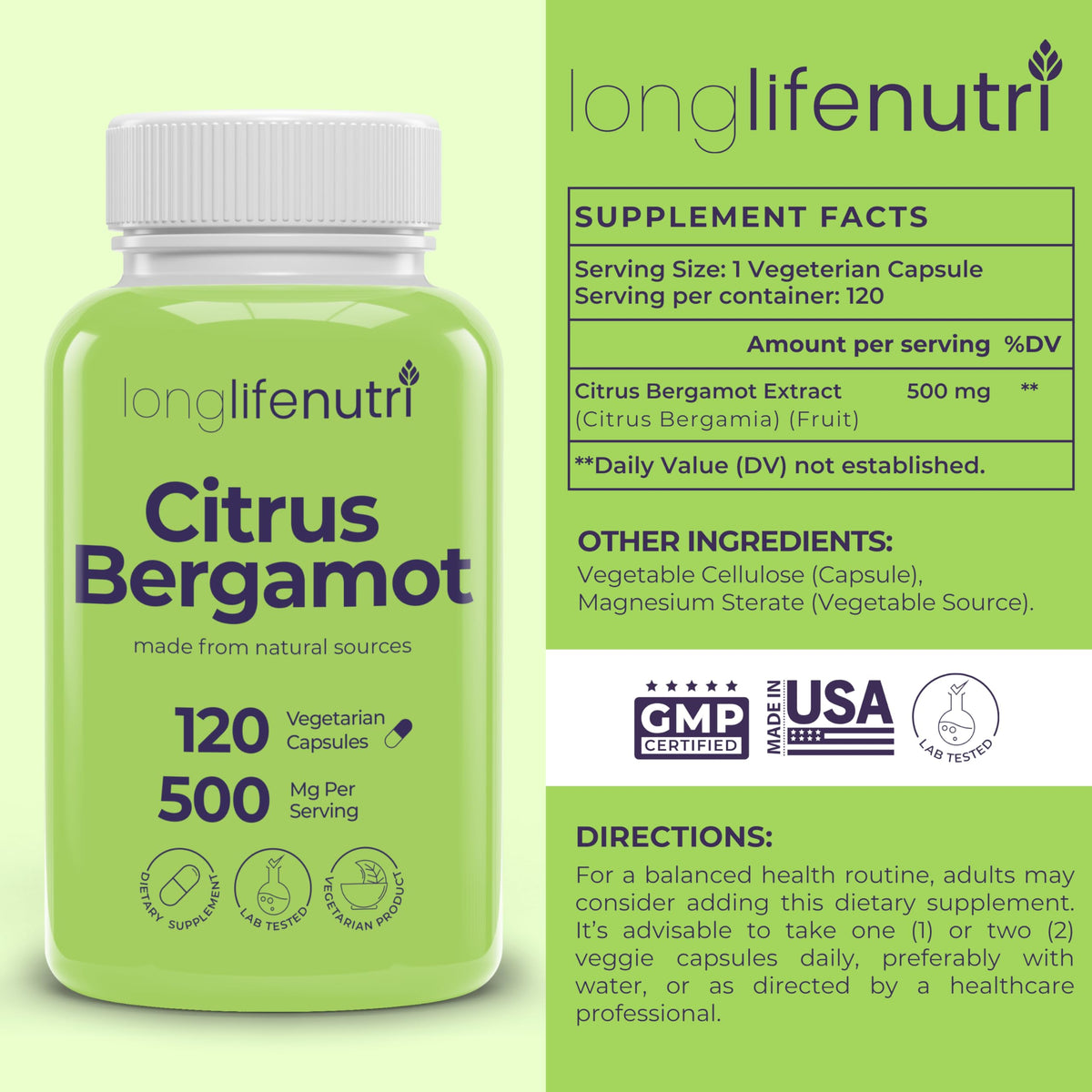 LongLifeNutri Citrus Bergamot Extract 500mg - 120 Vegetarian Capsules - image 2