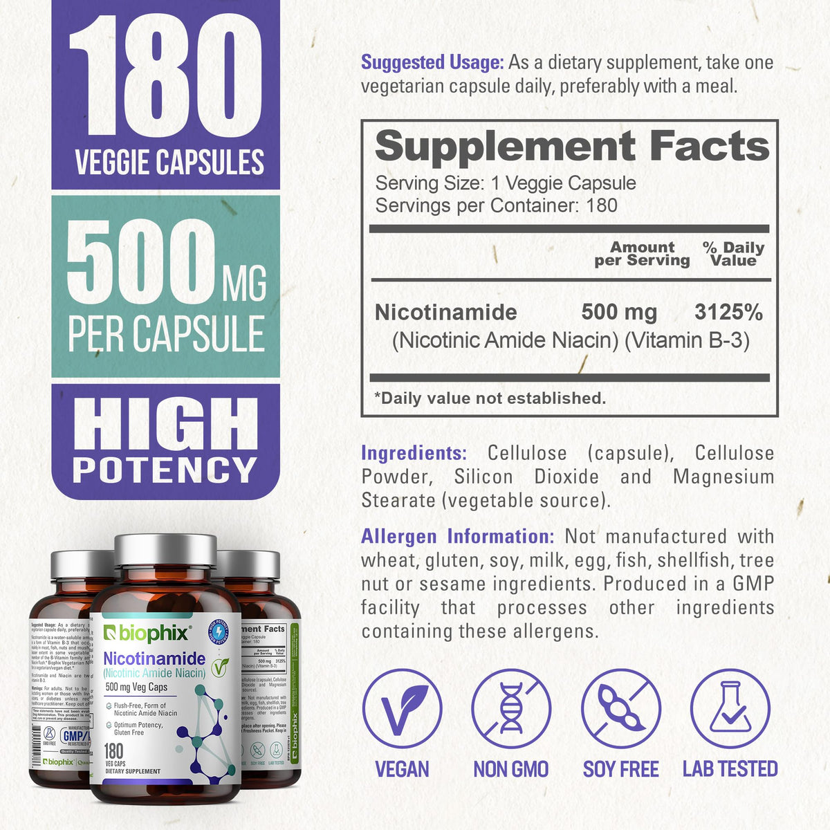 biophix B-3 Nicotinamide 500 mg Skin Cell Health - 180 Vegetarian Capsules - image 4