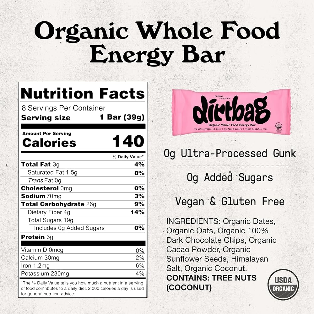 Dirtbag Bar Organic Energy Bar Plant Protein Original Chocolate - 8 Pack - image 2