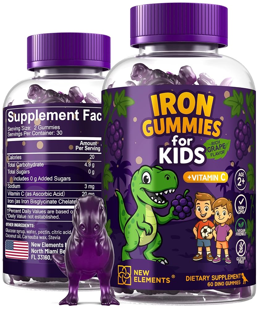 New Elements Iron Dinosaur Gummies for Kids with Vitamin C - 60 Count