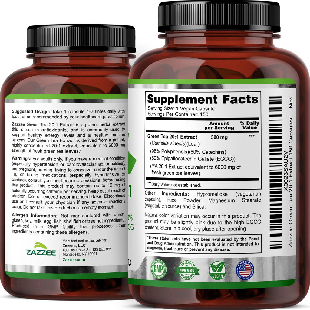 Zazzee Extra Strength Green Tea 20:1 Extract - 150 Vegan Capsules - image 8