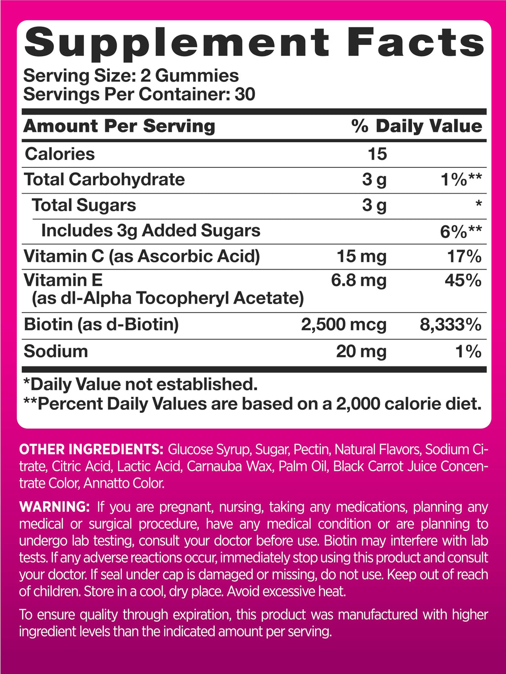 PINK Hair Skin Nails Gummies with Biotin 2,500 mcg - 60 Count - image 2