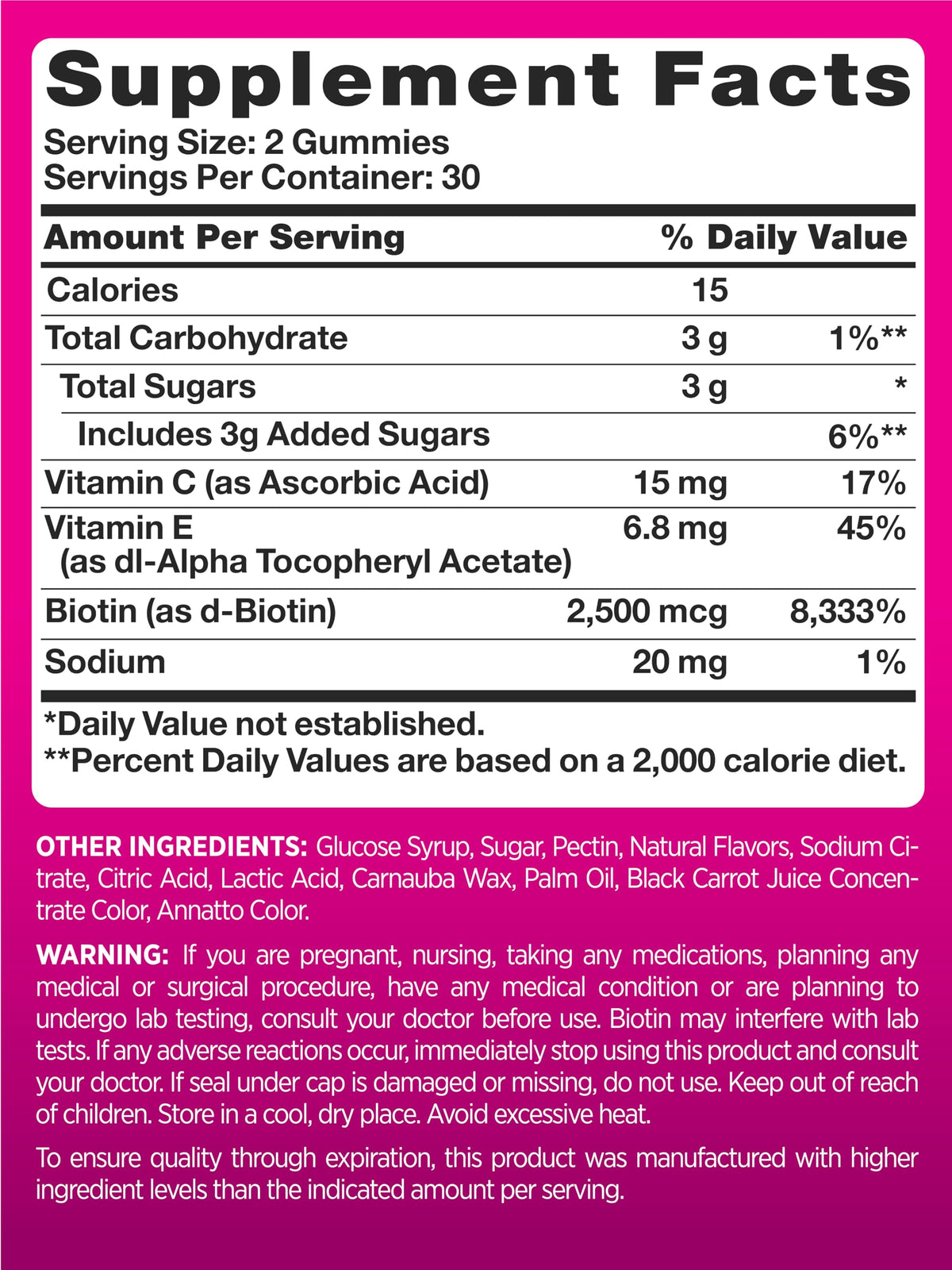 PINK Hair Skin Nails Gummies with Biotin 2,500 mcg - 60 Count - image 2