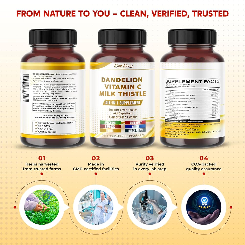 PeakPury Dandelion 9-in-1 Formula with Milk Thistle & Vitamin C - 150 Capsules - image 9