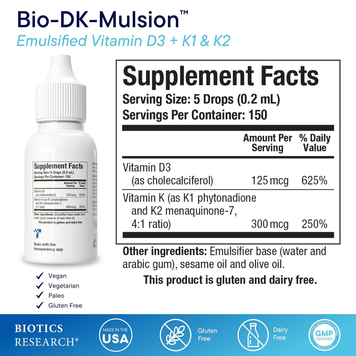 BIOTICS RESEARCH Bio-DK-Mulsion Vitamin D3 5000 IU K1 K2 - 1 Fl Oz - image 2