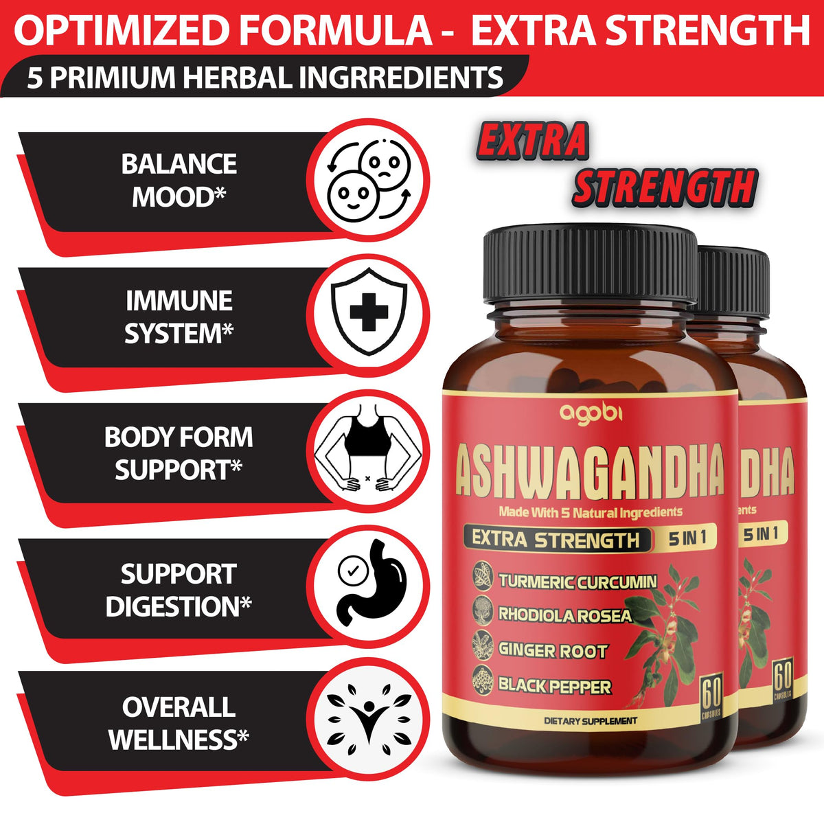Agobi Ashwagandha 5-in-1 Herbal Blend - 120 Capsules - image 3