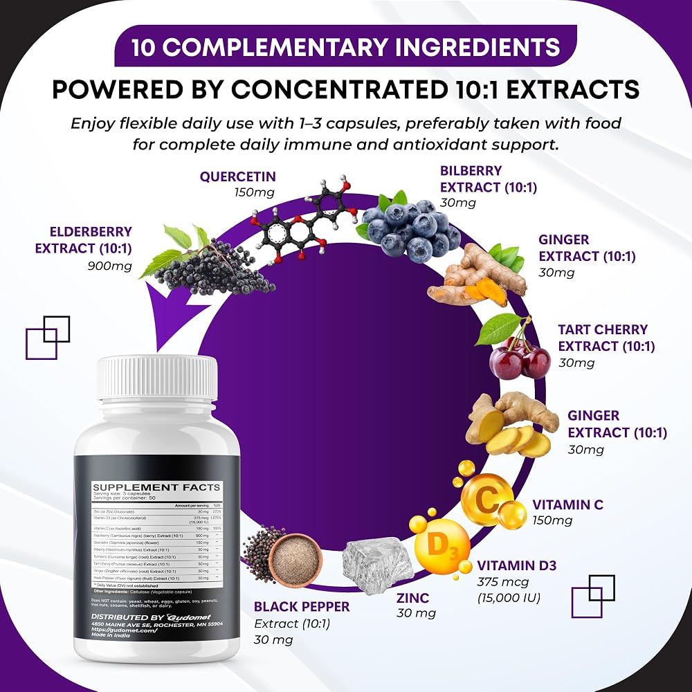 GUDOMET Elderberry Complex 1,380 mg with Quercetin - 150 Capsules - image 4