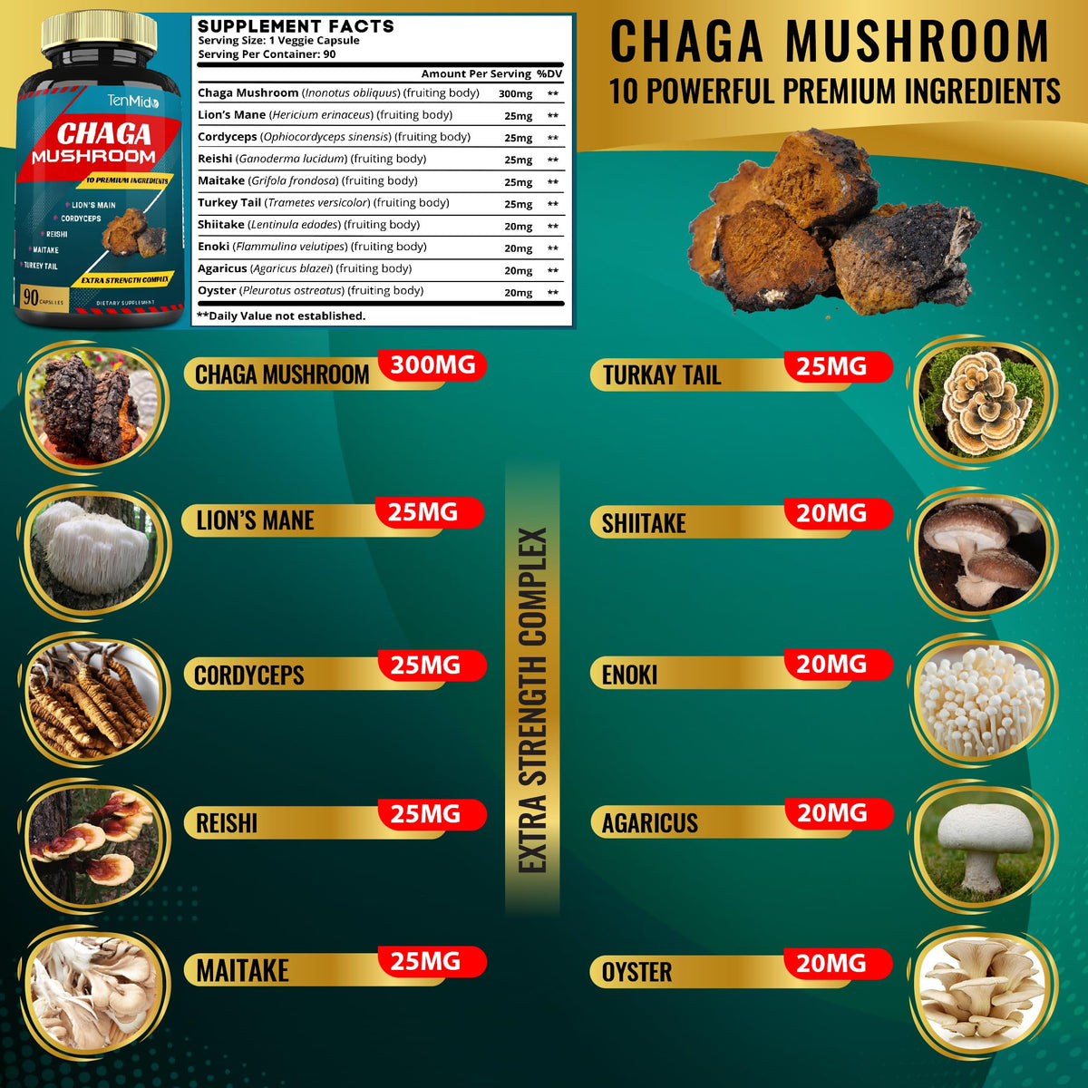 Tenmido Chaga Mushroom Extract 9-Ingredient Blend - 90 Capsules - image 3
